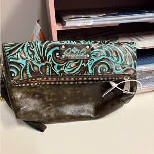 Patricia Nash Turquoise and Brown Tooled Leather Clutch Wristlet western country